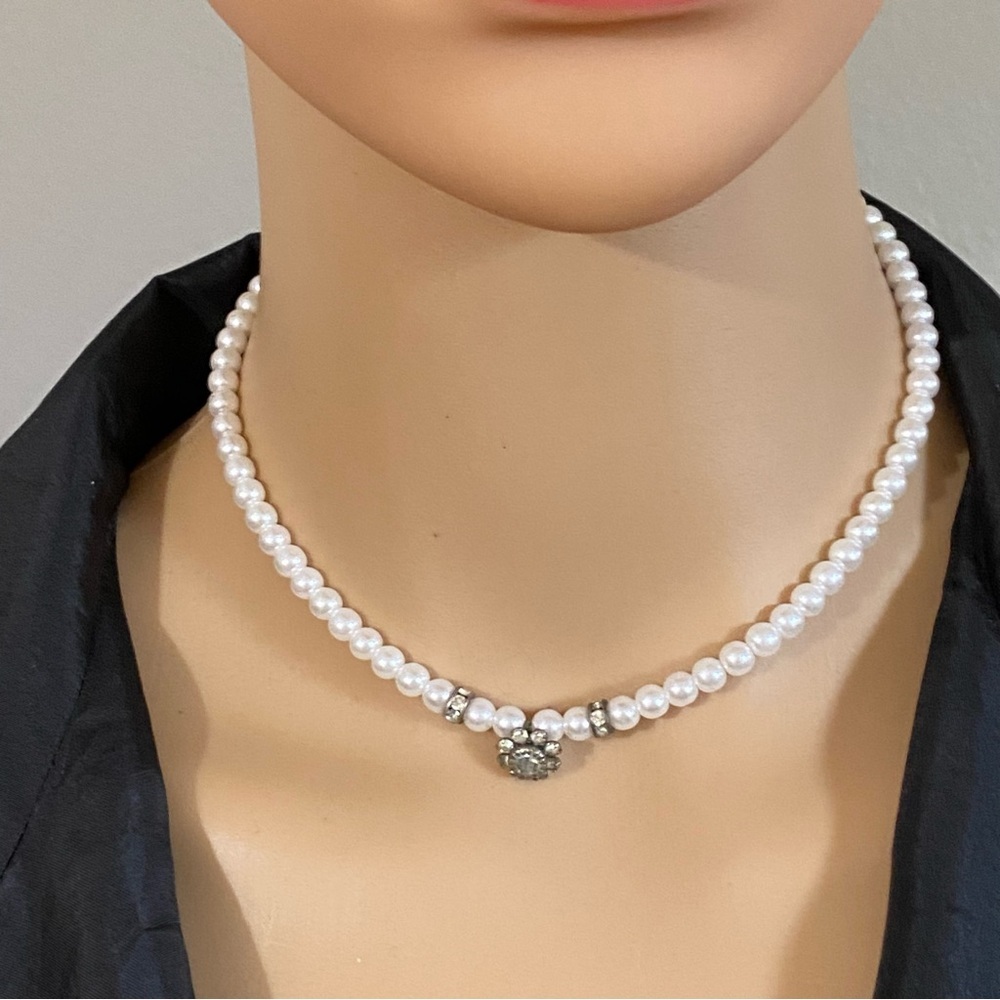 Pearl necklace with crystal adornment choker necklace 13”